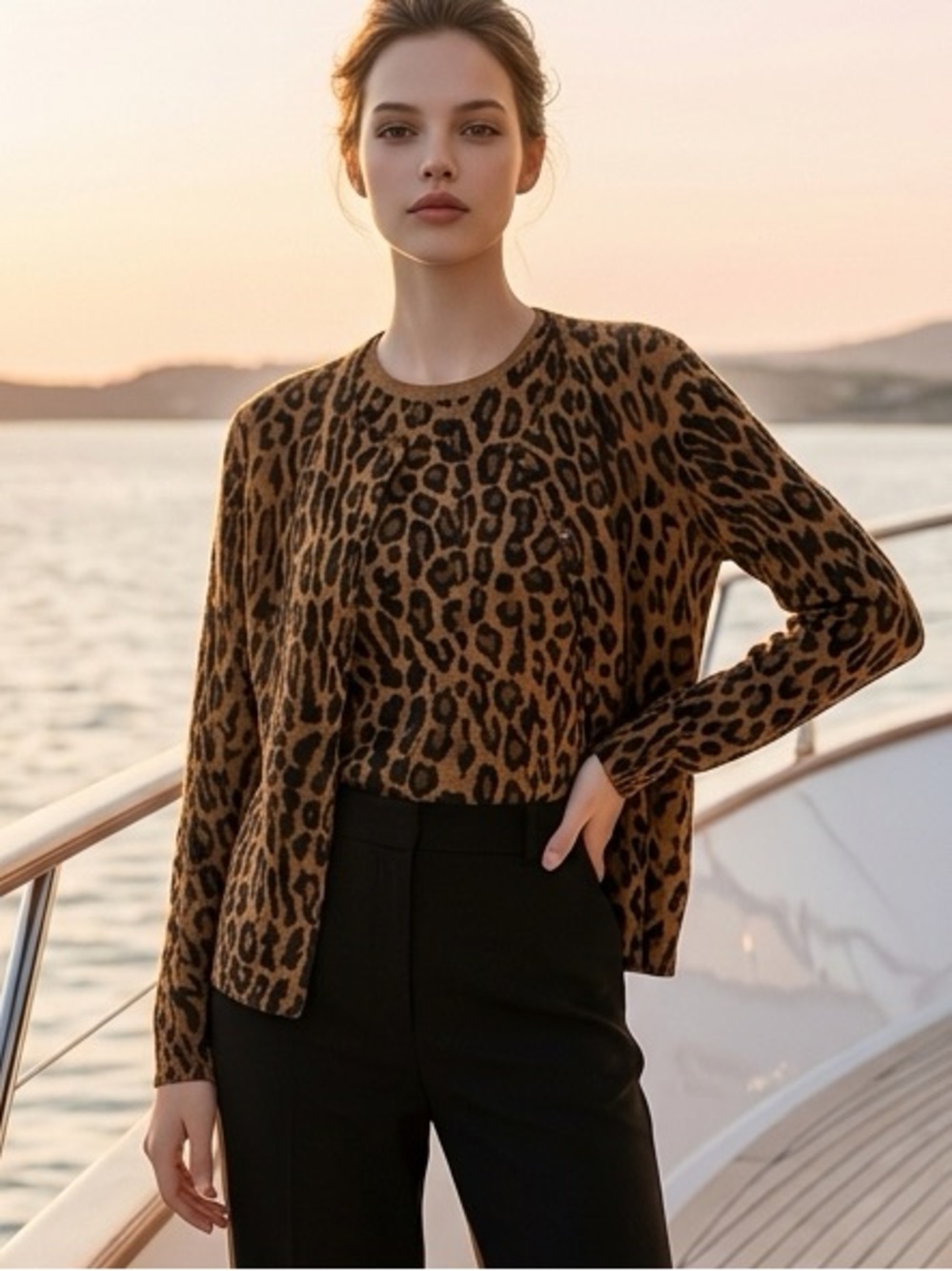 Lauren Ralph Lauren Women’s Animal Leopard Print Silk Blend 2 Pc Cardigan Set M